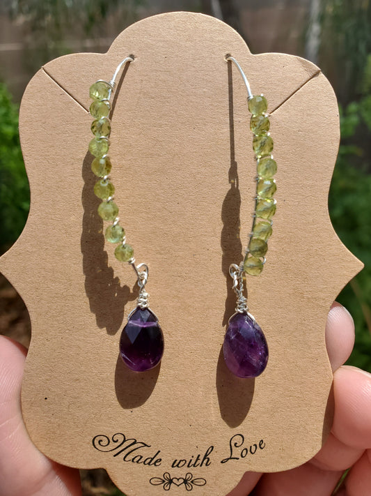 Akeso Earrings - Artisan Handmade 925 Sterling Silver Wire-Wrapped Earrings with Peridot and Amethyst – Elegant, Unique Jewelry