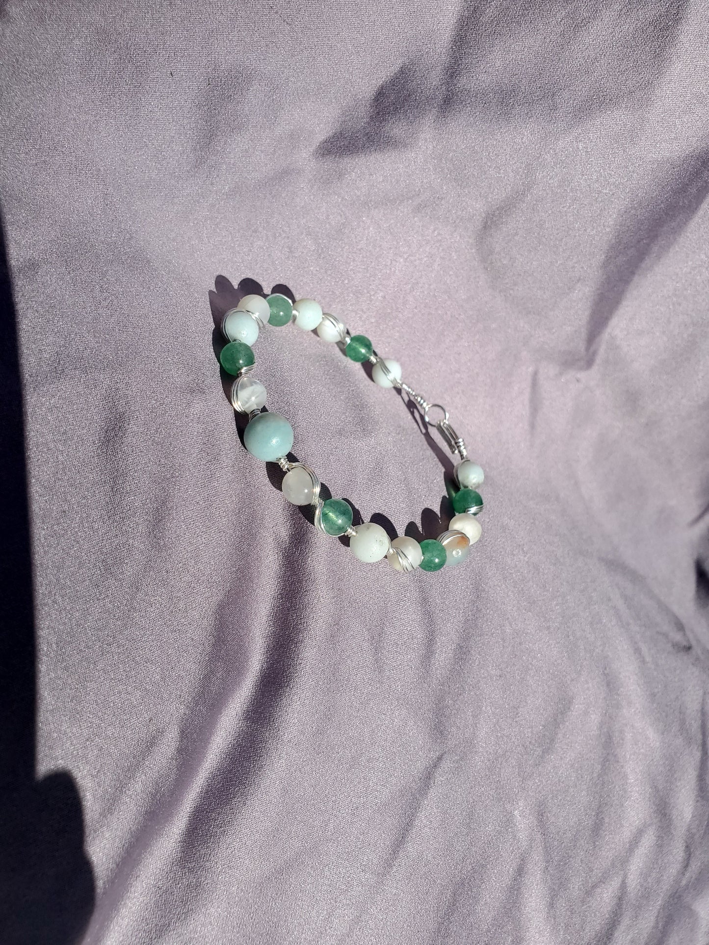 Wire Wrapped Bracelet with Amazonite, Moonstone, and Aventurine