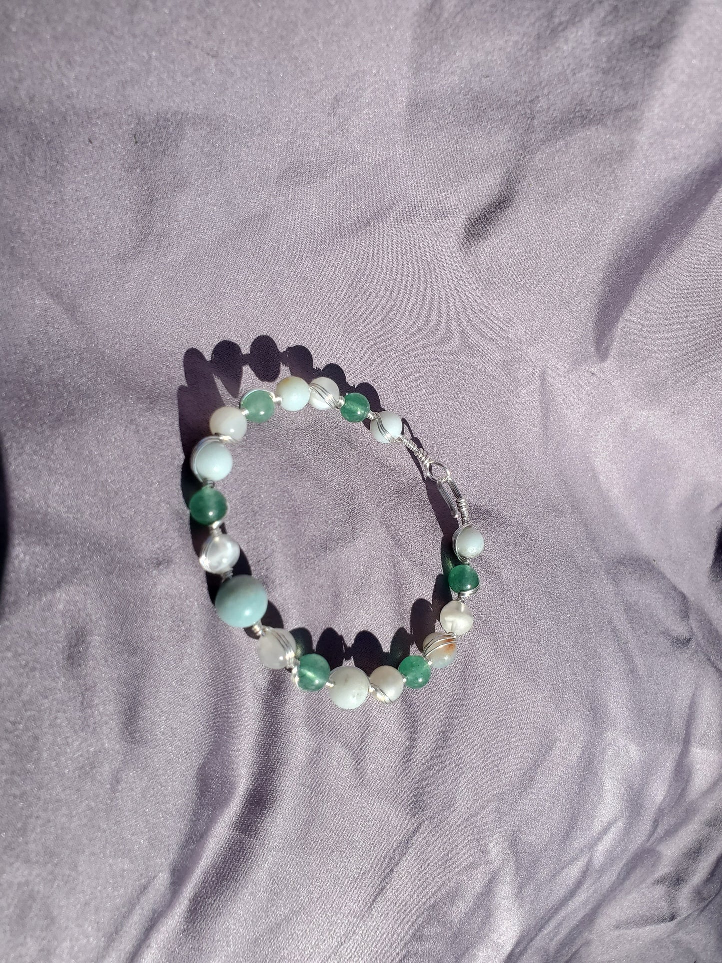 Wire Wrapped Bracelet with Amazonite, Moonstone, and Aventurine