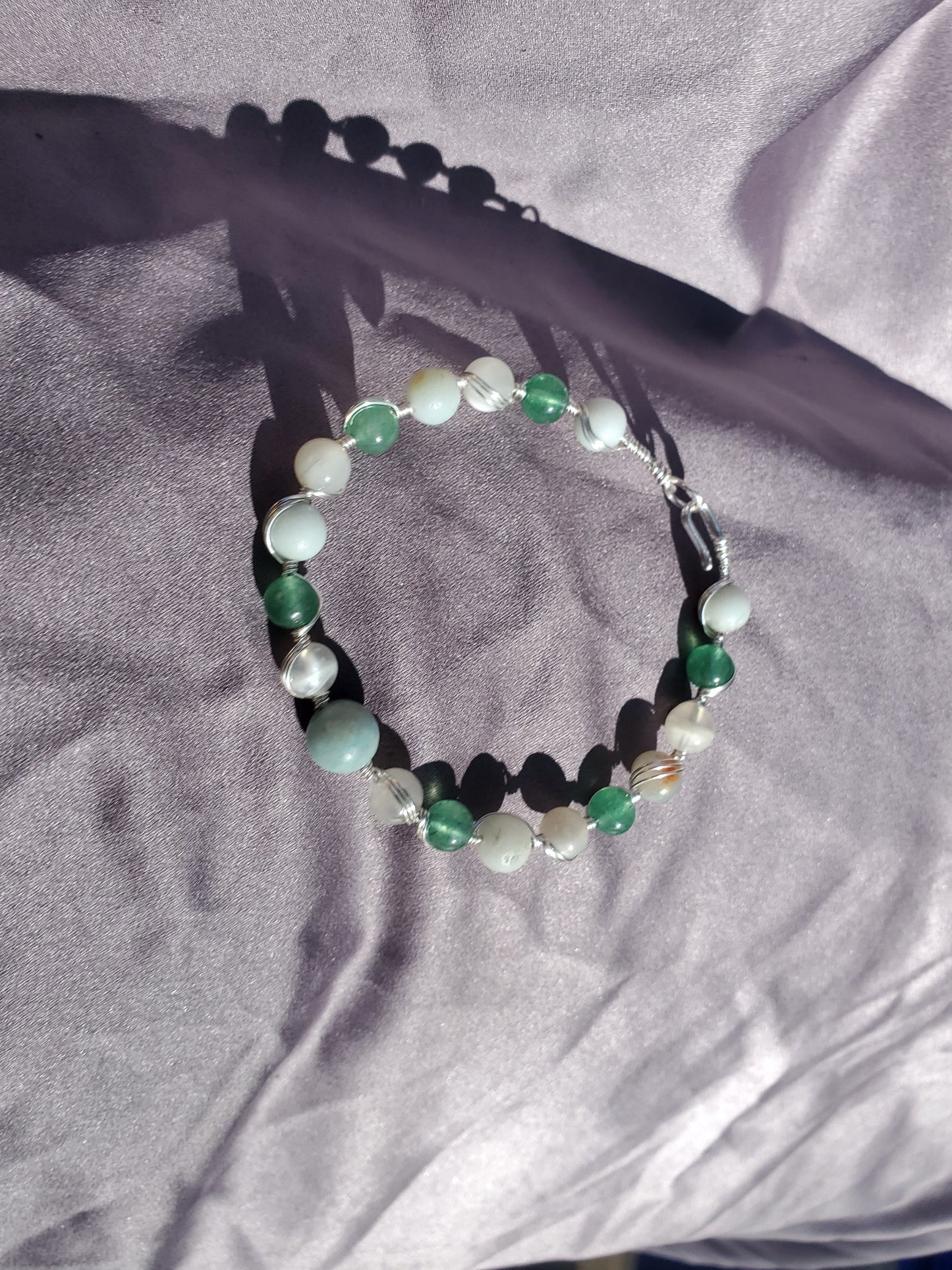 Wire Wrapped Bracelet with Amazonite, Moonstone, and Aventurine