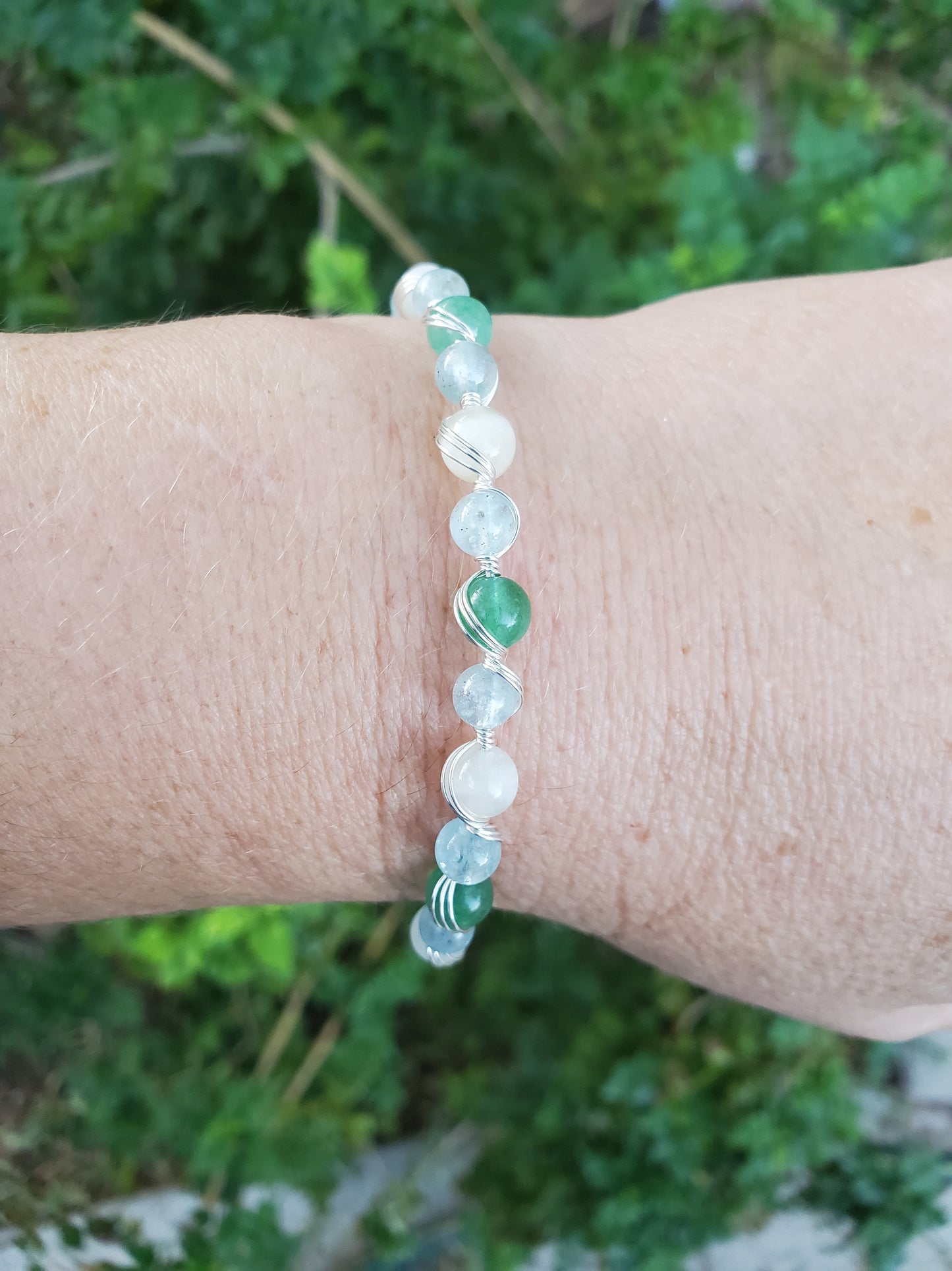Wire Wrapped Bracelet with Aquamarine, Moonstone, and Aventurine