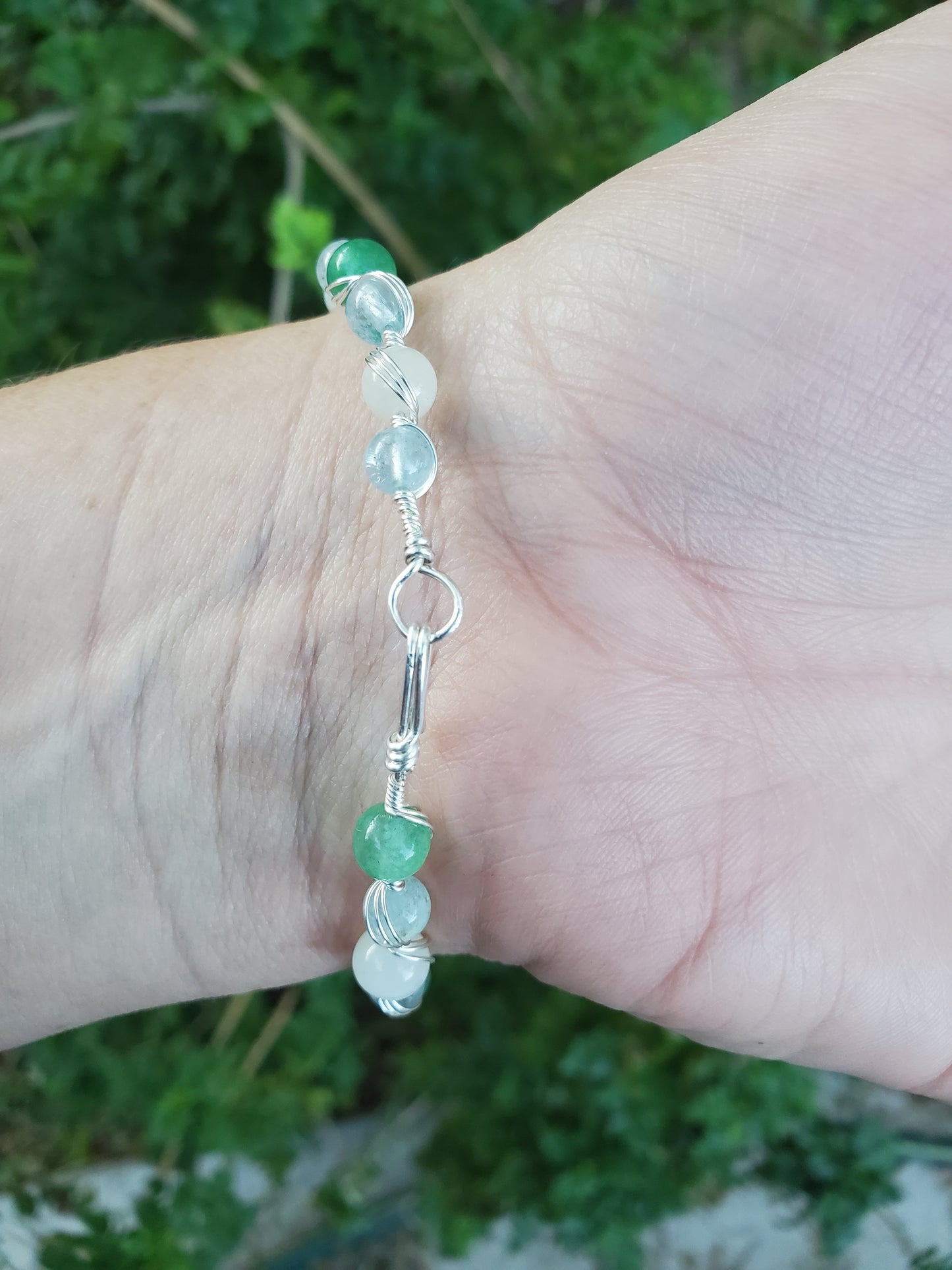 Wire Wrapped Bracelet with Aquamarine, Moonstone, and Aventurine