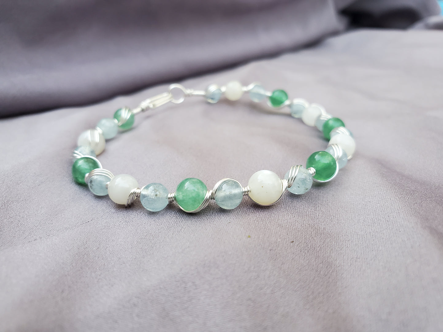 Wire Wrapped Bracelet with Aquamarine, Moonstone, and Aventurine