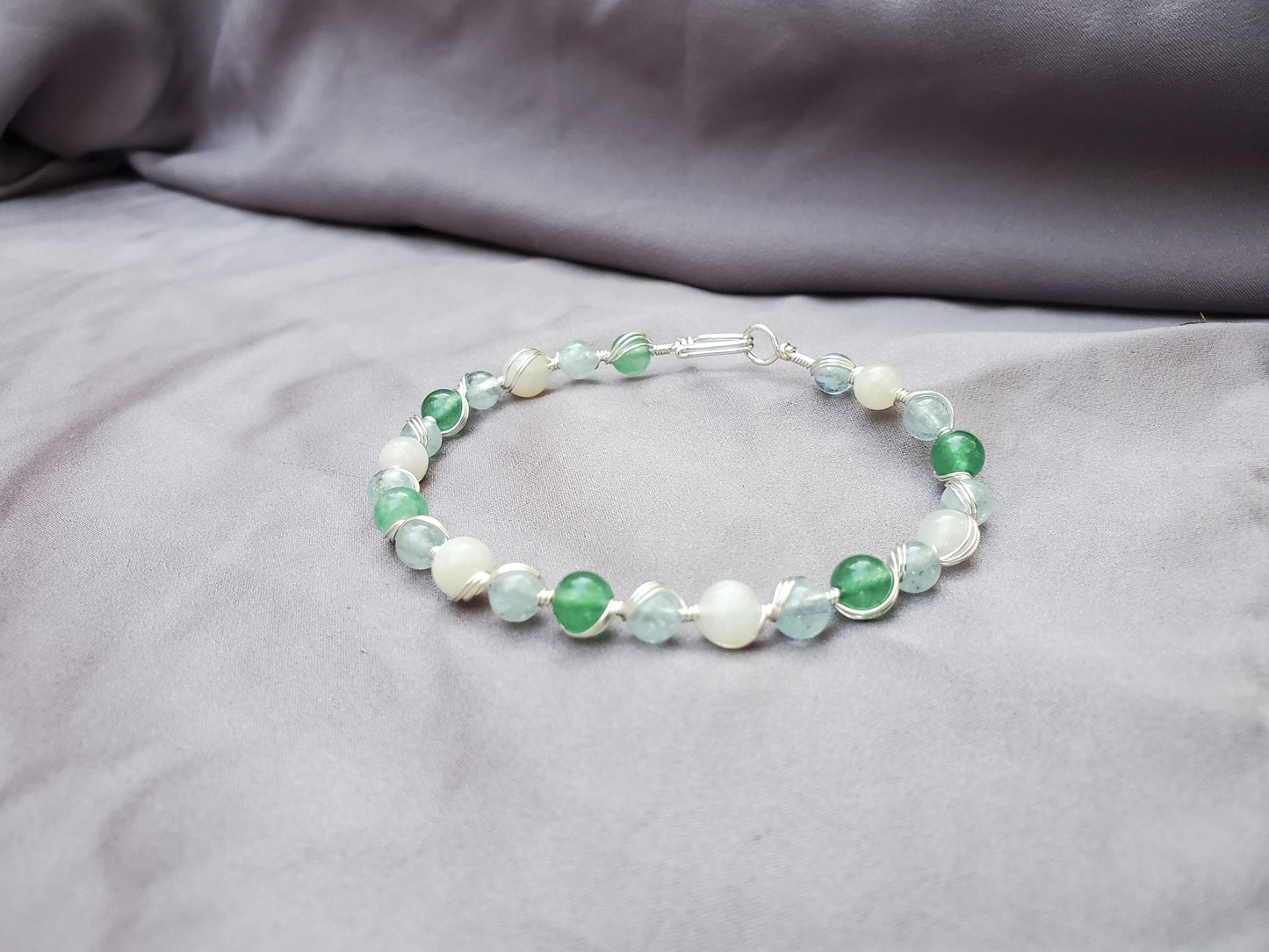 Wire Wrapped Bracelet with Aquamarine, Moonstone, and Aventurine