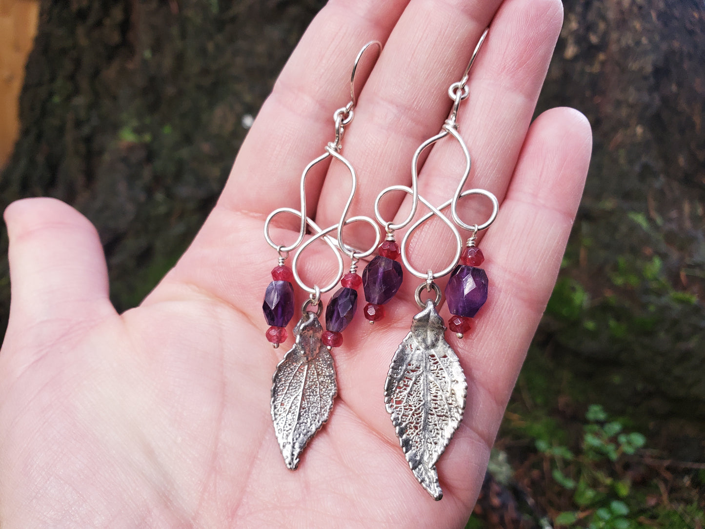Cailly - Amethyst and Garnet Sterling Silver Earrings with Silver Plated Leaves.