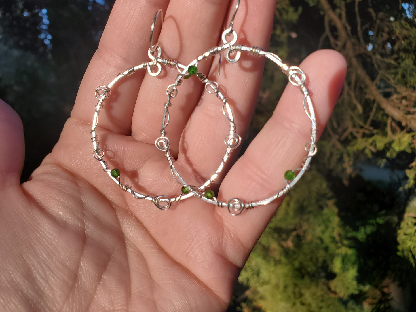 Silver Vine Earrings with Green Chrome Diopside