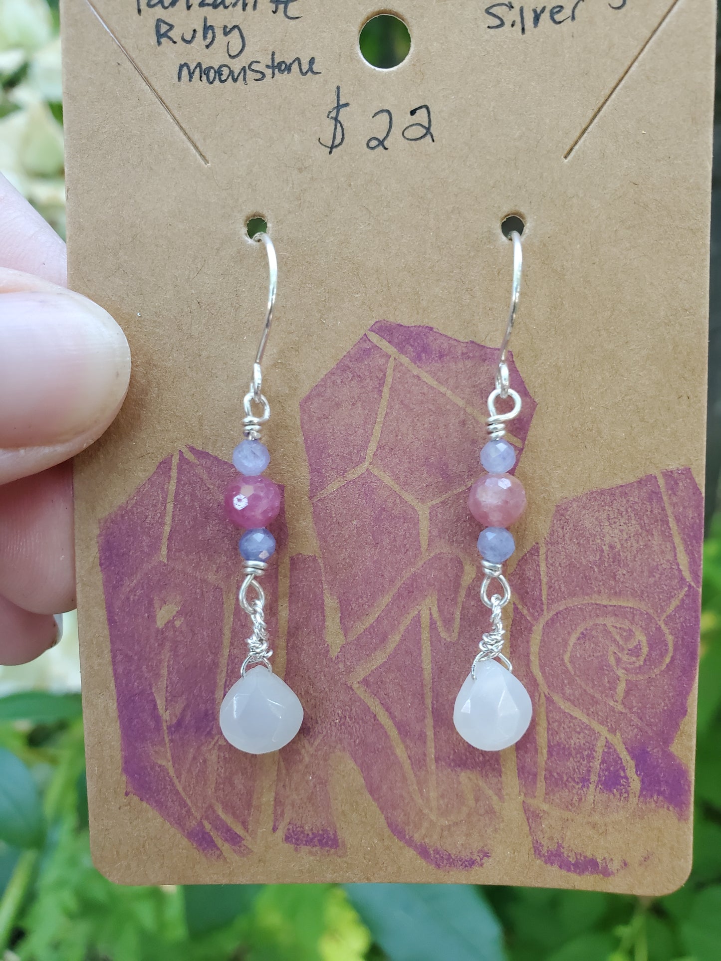 Tanzanite, Ruby, and Moonstone Drop Earrings