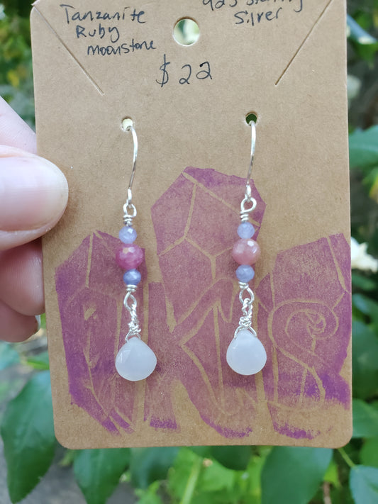Tanzanite, Ruby, and Moonstone Drop Earrings