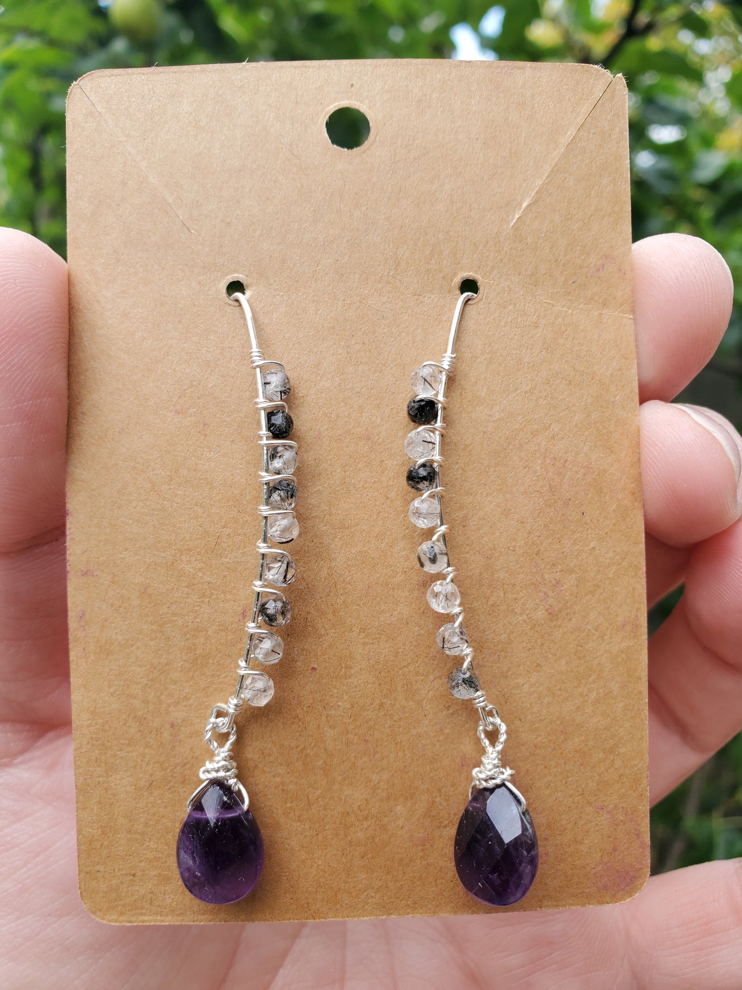 Tourmalinated Quartz and Amethyst Marquise Earrings