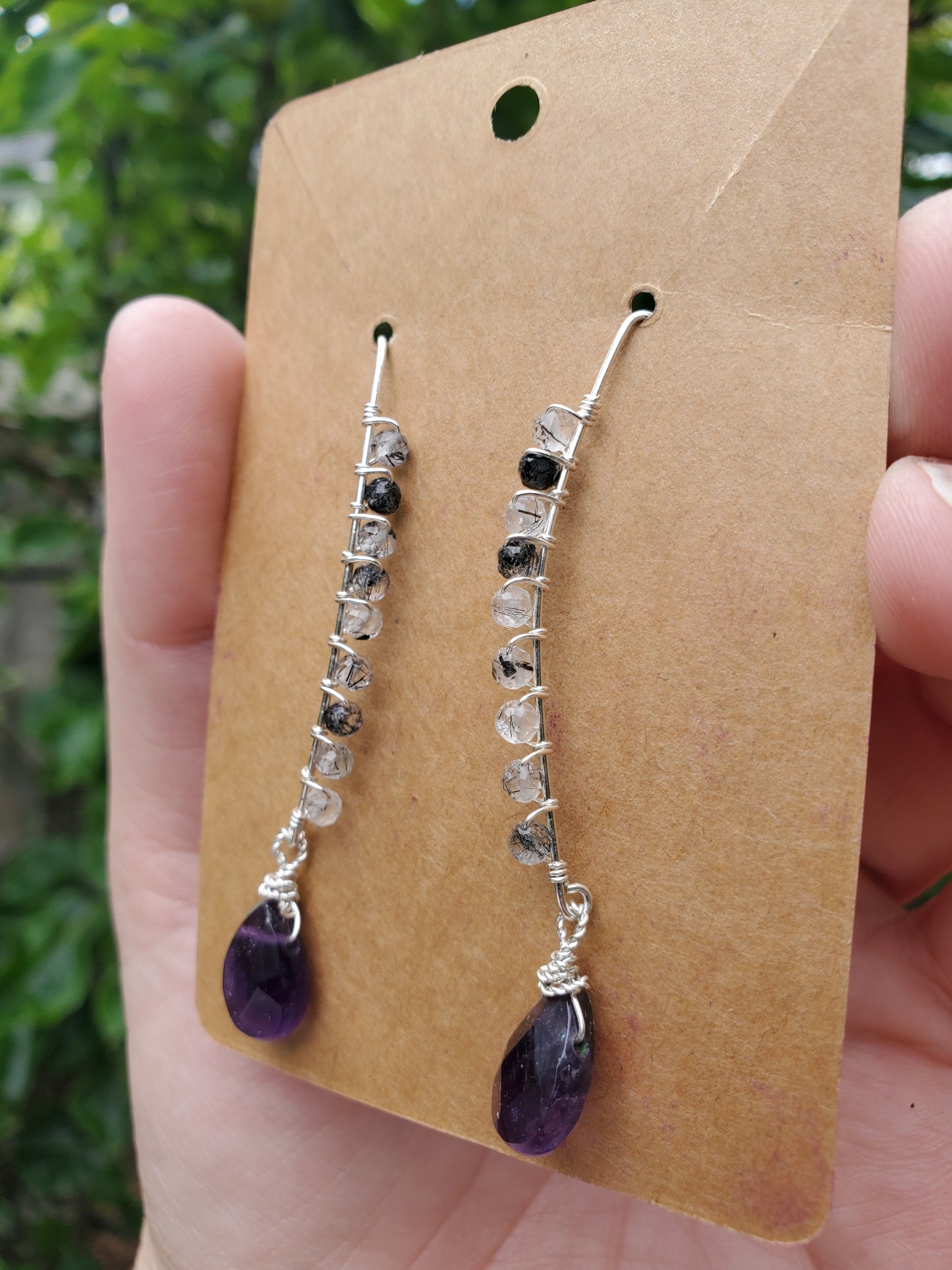 Tourmalinated Quartz and Amethyst Marquise Earrings