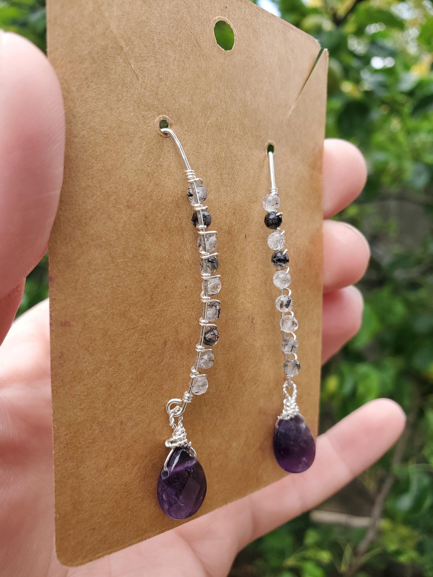 Tourmalinated Quartz and Amethyst Marquise Earrings