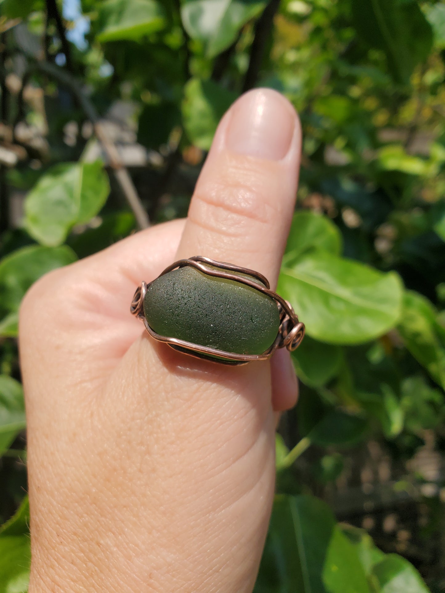 Green Sea Glass and Copper Ring