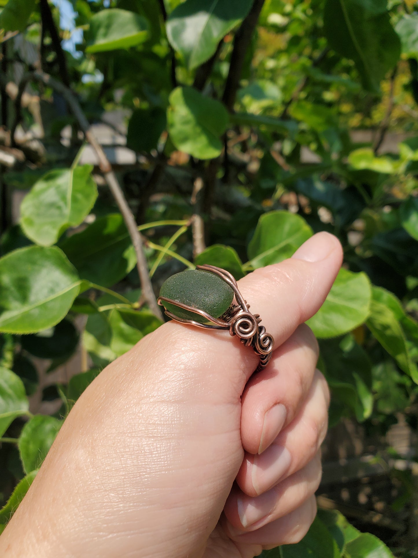 Green Sea Glass and Copper Ring