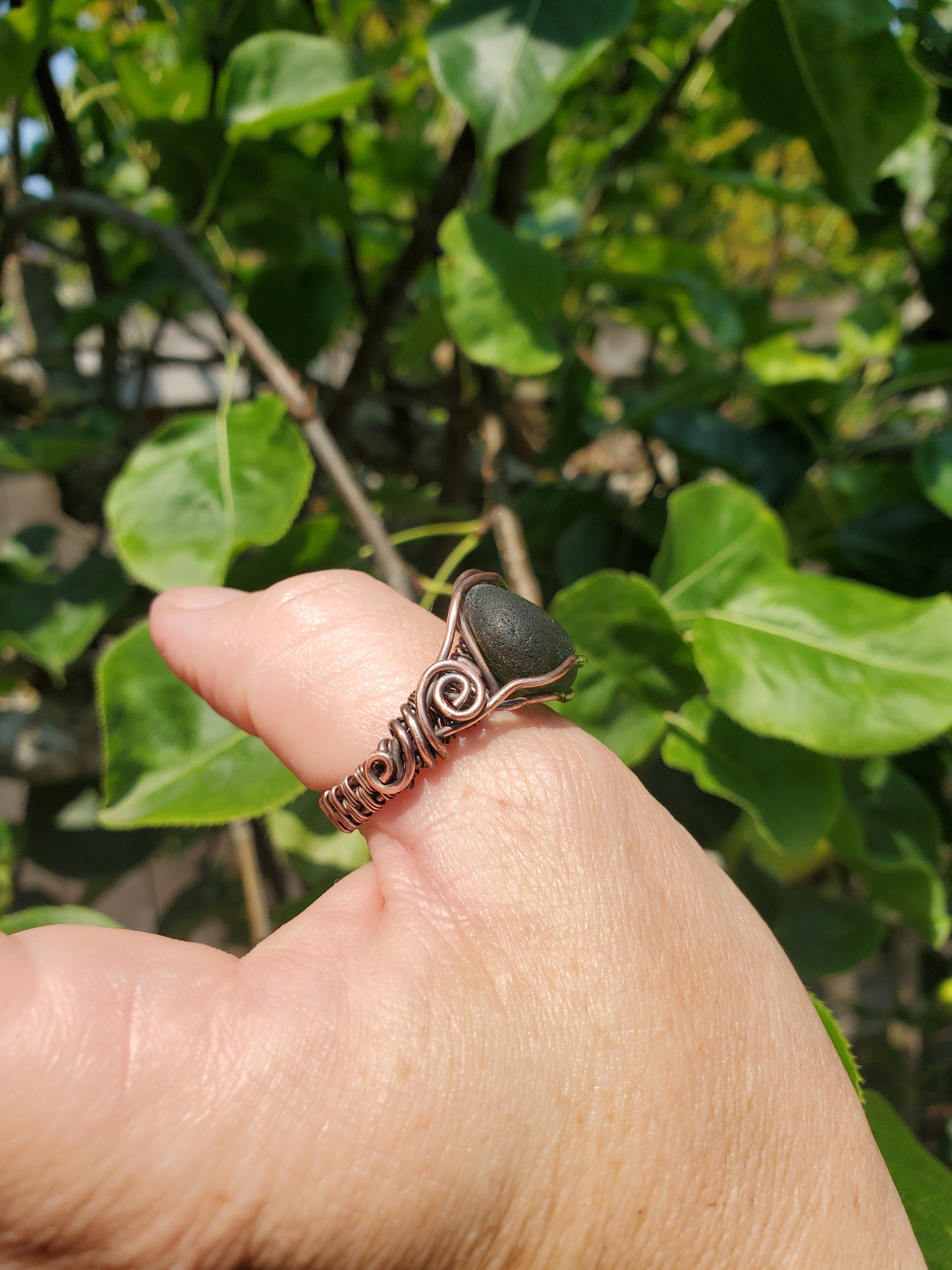 Green Sea Glass and Copper Ring