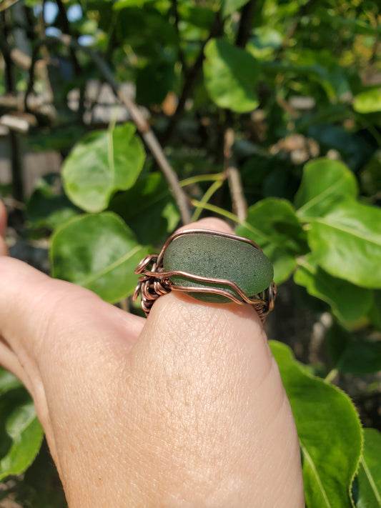 Green Sea Glass and Copper Ring