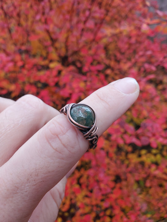 Moss Agate and Braided Copper Ring
