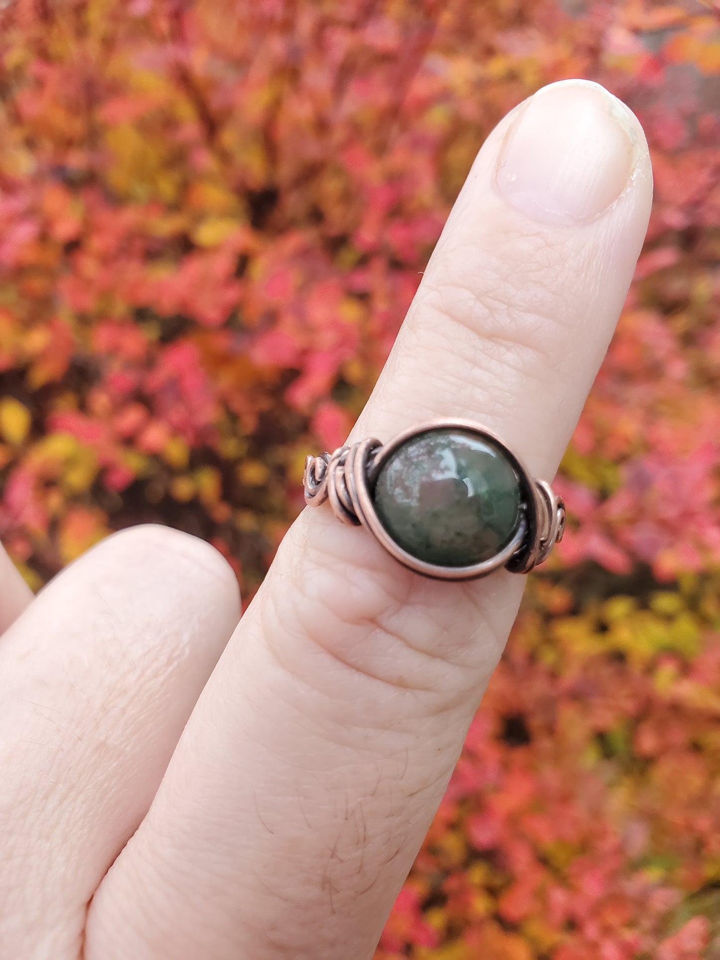 Moss Agate and Braided Copper Ring