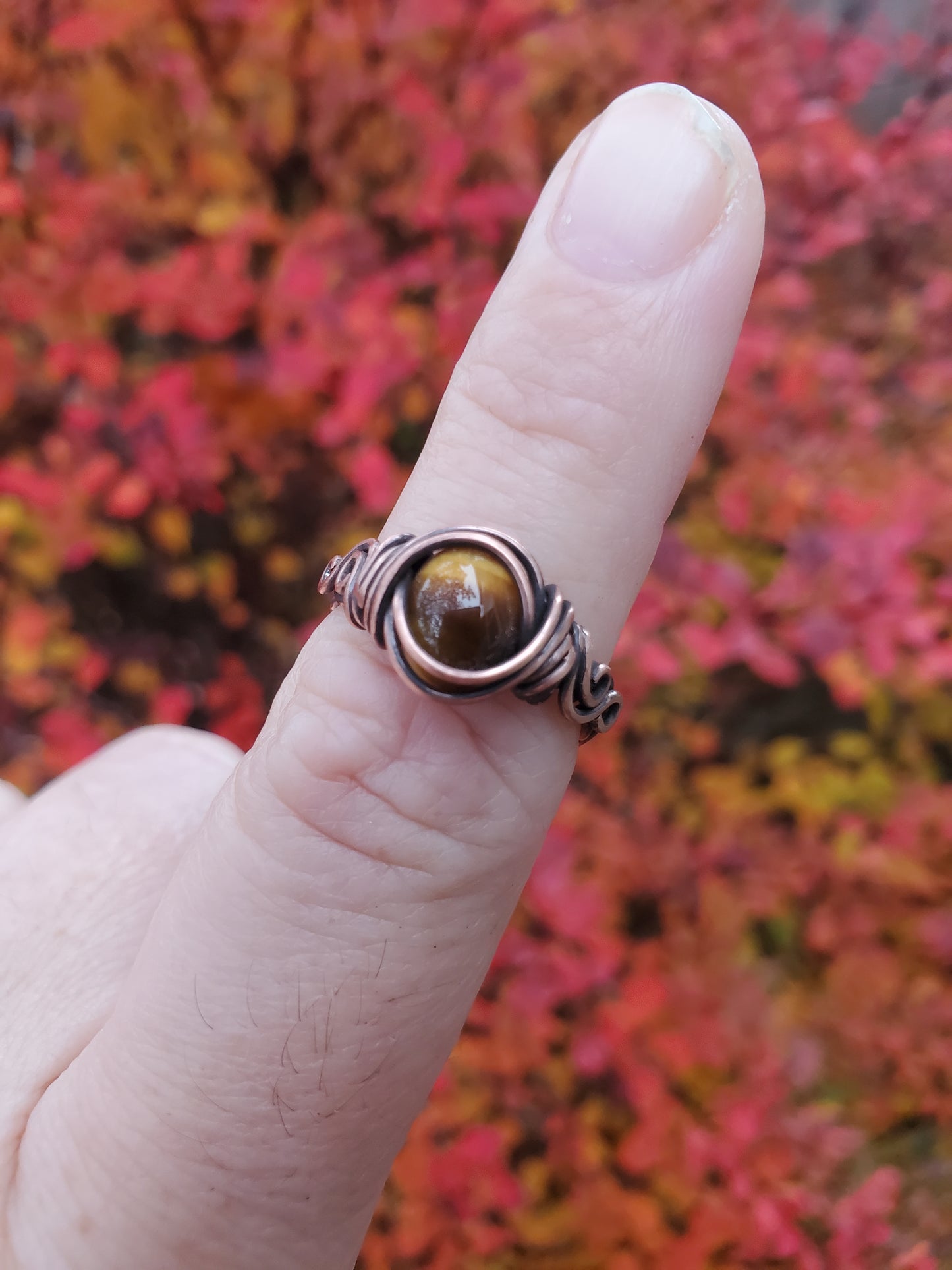 Yellow Tigers Eye and Braided Copper Ring