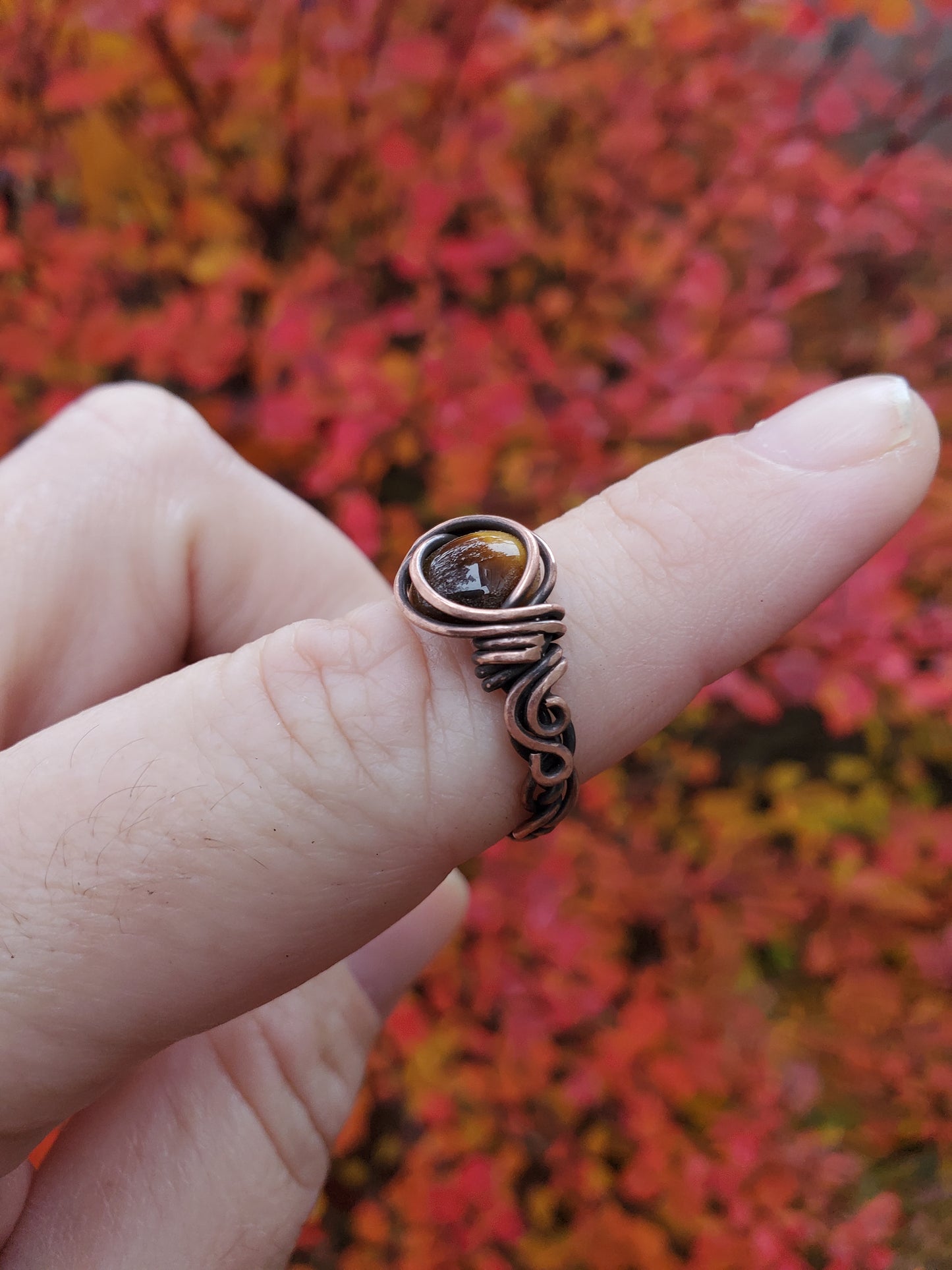Yellow Tigers Eye and Braided Copper Ring