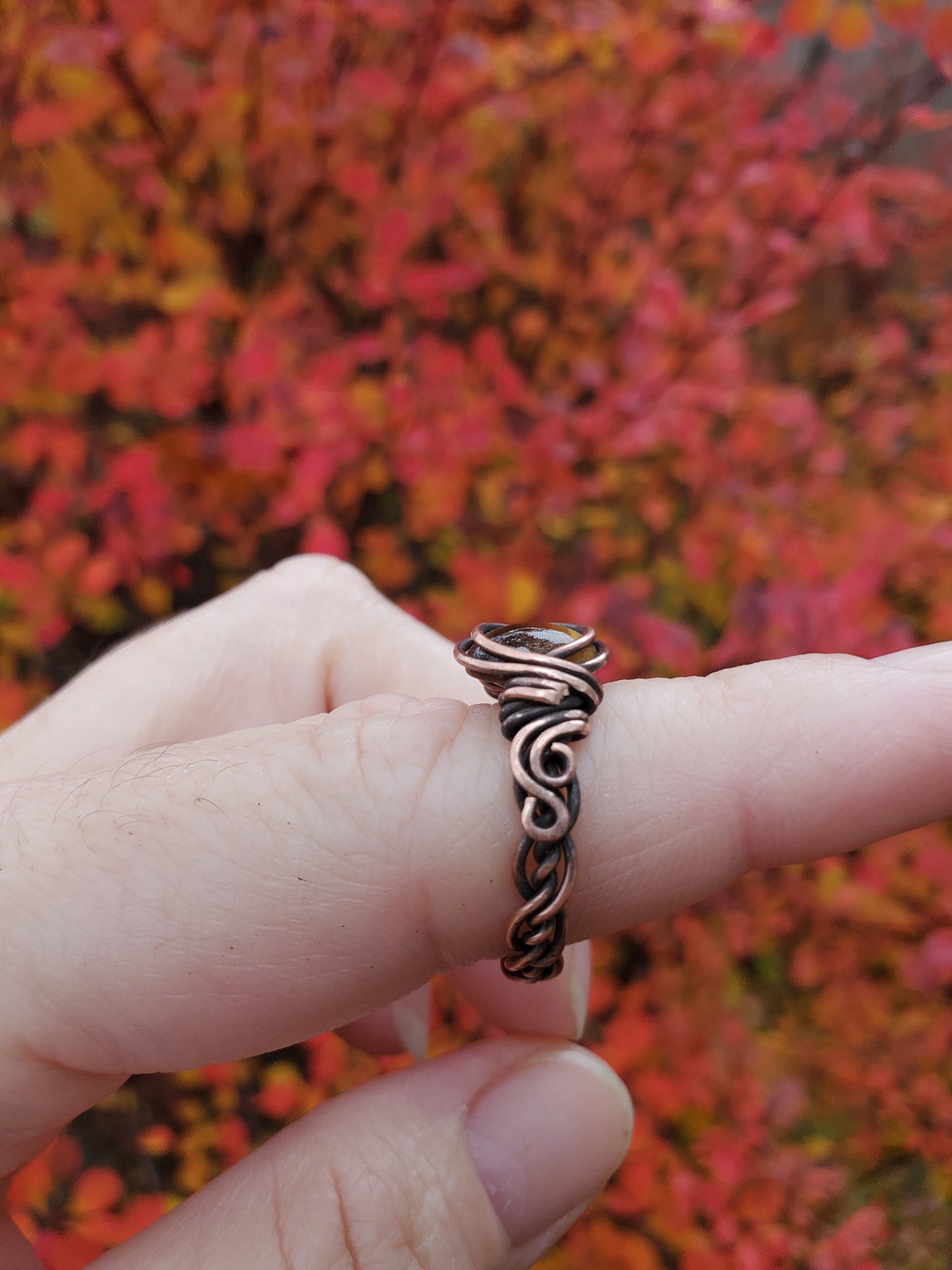 Yellow Tigers Eye and Braided Copper Ring