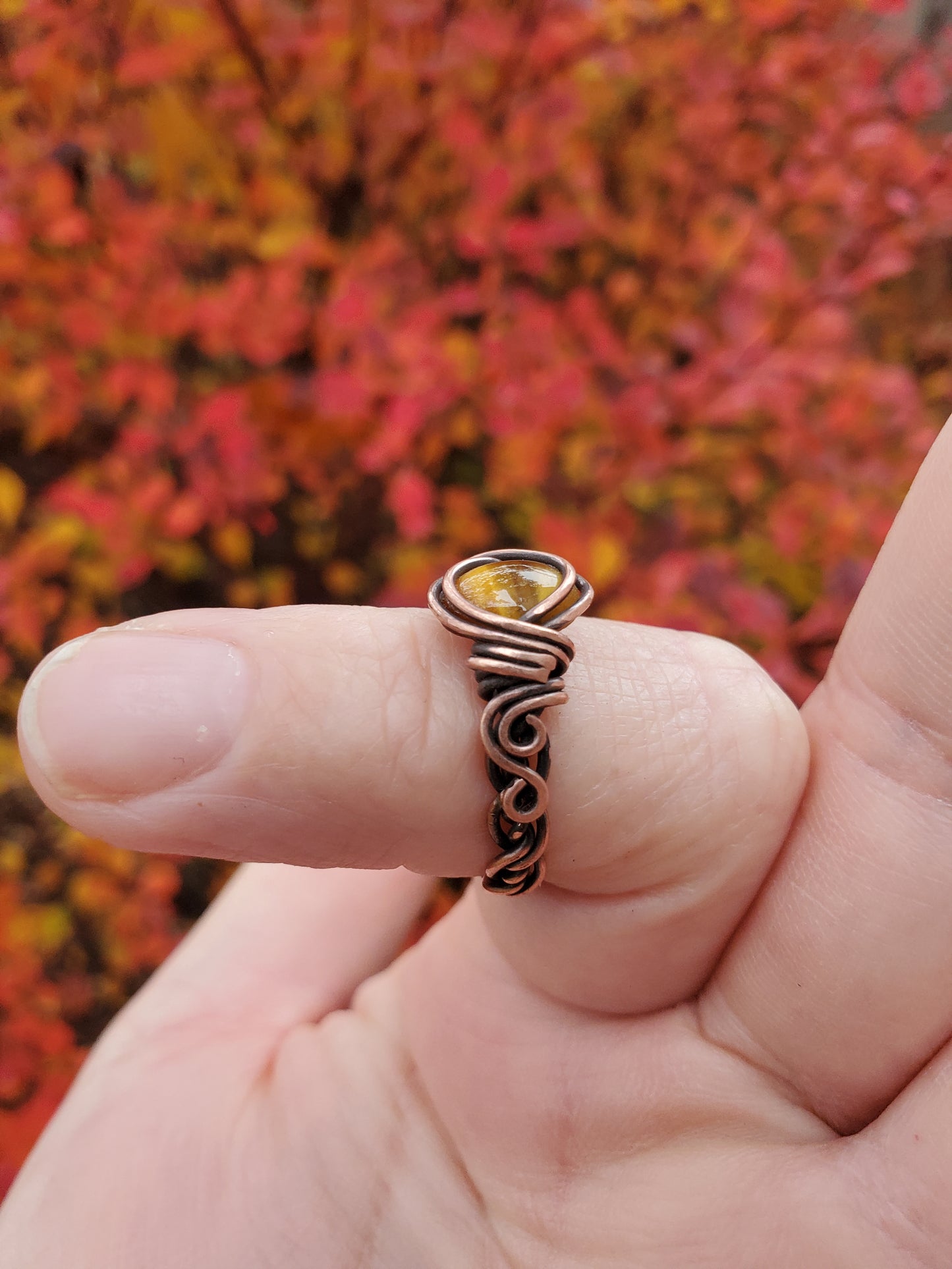 Yellow Tigers Eye and Braided Copper Ring