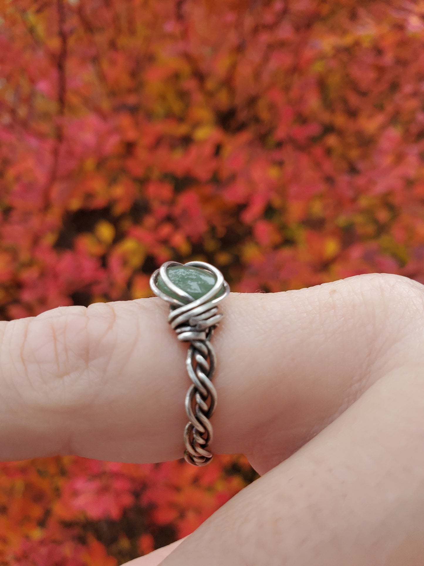Green Aventurine and Braided Sterling Silver Ring
