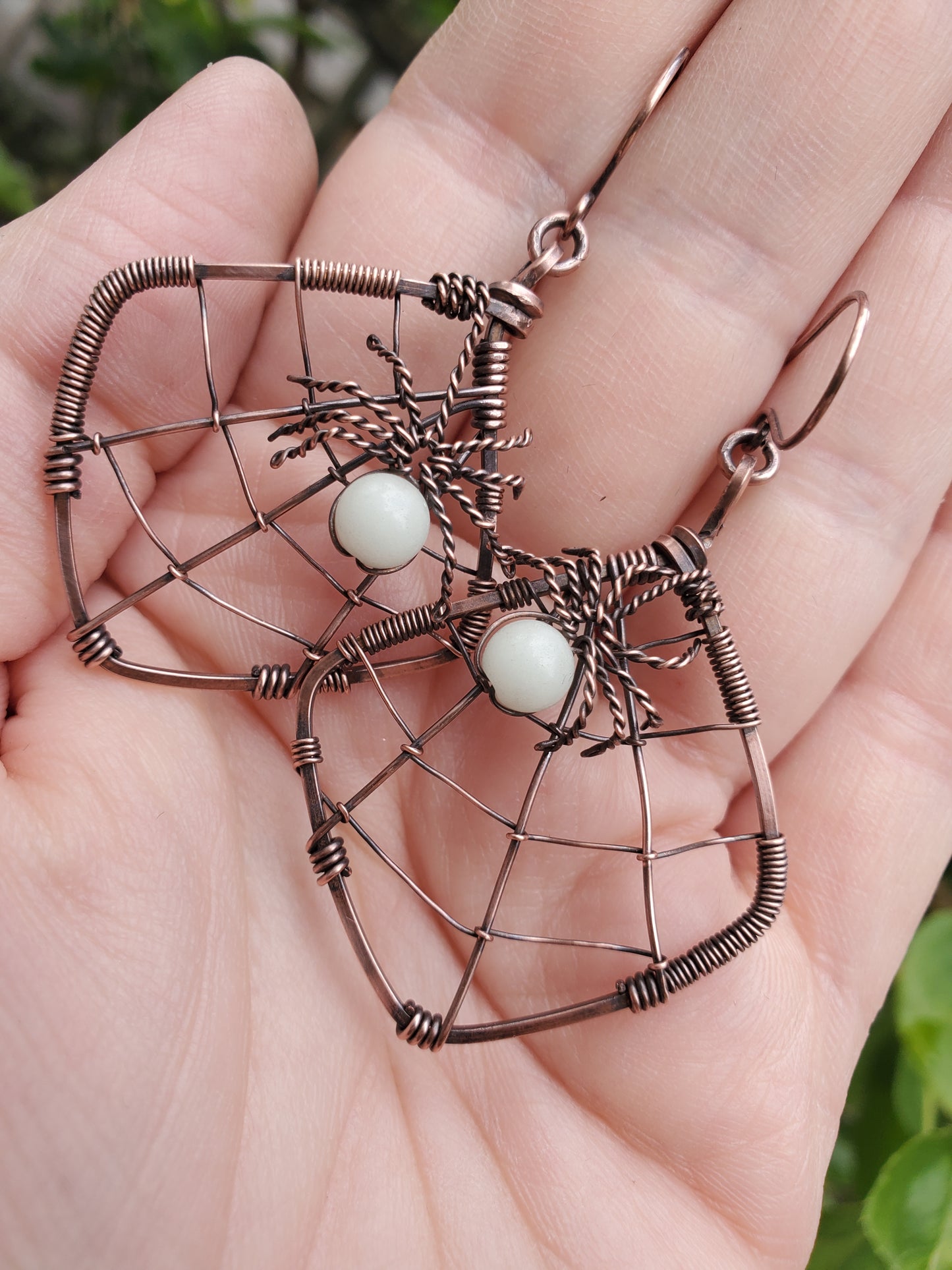 Glow-in-the-dark Spiderweb Earrings in Copper