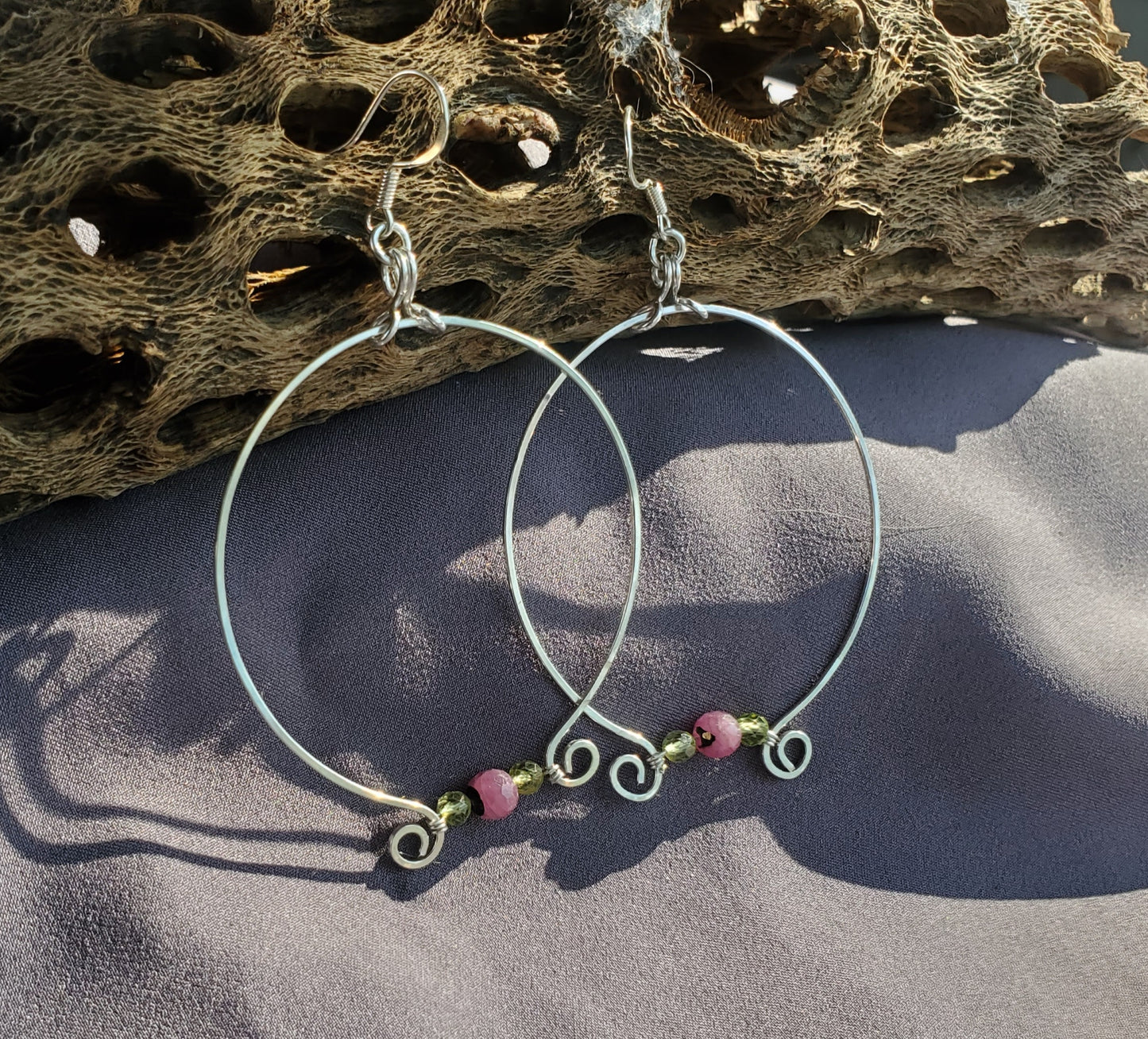 Ruby and Peridot Sterling Silver Hoop Earrings