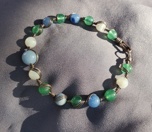 Wire Wrapped Bracelet with Angelite, Moonstone, and Aventurine