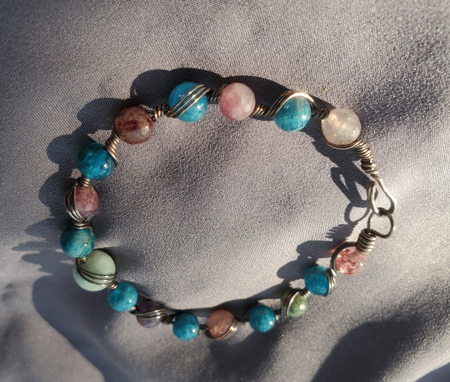 Copper wire wrapped bracelet - Aquamarine, Apatite, Tourmaline, Strawberry Quartz