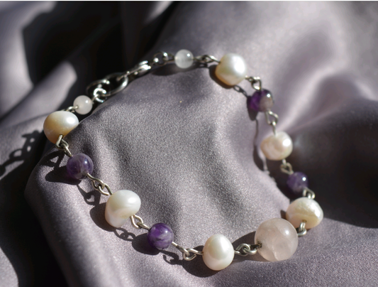 Princess- Pearl and Amethyst Bracelet with Rose Quartz.