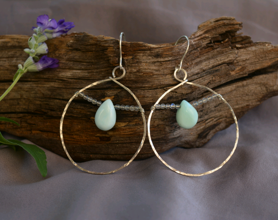 Blue Persian Opal and Silver Hoop Earrings
