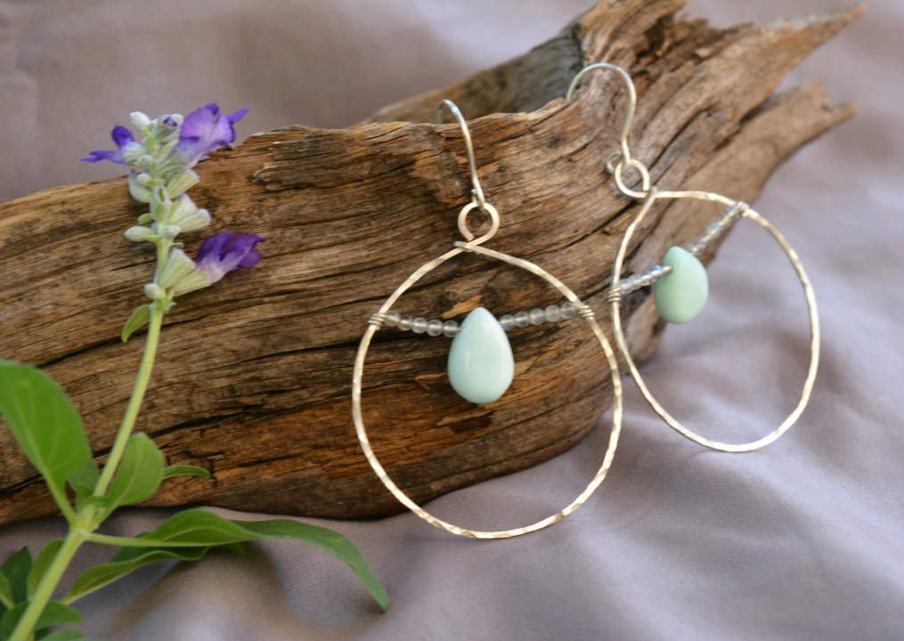 Blue Persian Opal and Silver Hoop Earrings