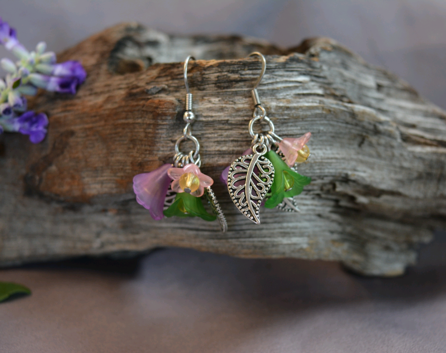 Flower Fairy Earrings - Pink, green, purple