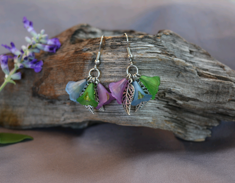 Flower Fairy Earrings - Green, purple, and blue