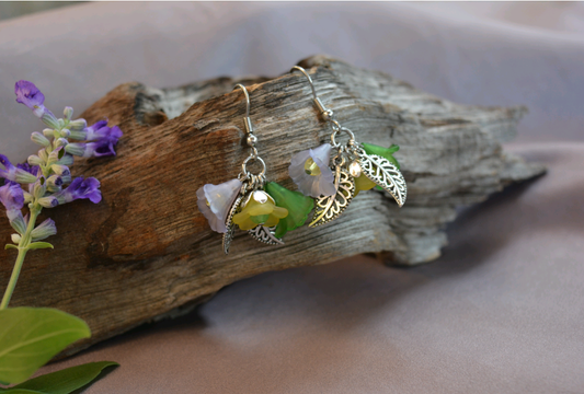 Flower Fairy Earrings - Green, purple, and yellow