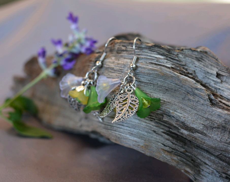 Flower Fairy Earrings - Green, purple, and yellow
