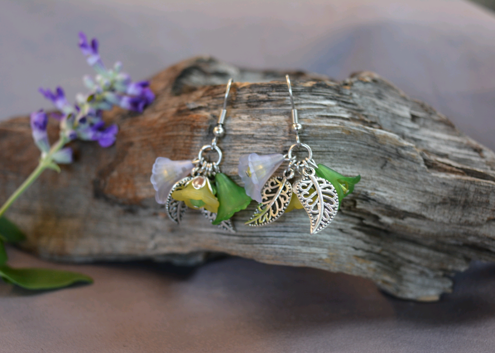Flower Fairy Earrings - Green, purple, and yellow