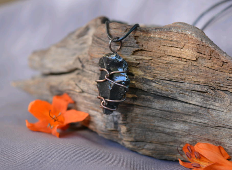 Copper Obsidian Arrowhead Pendant