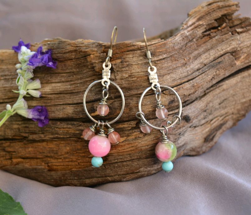 Rose Quartz, Blue-Dyed Howlite, and Persian Jade Earrings
