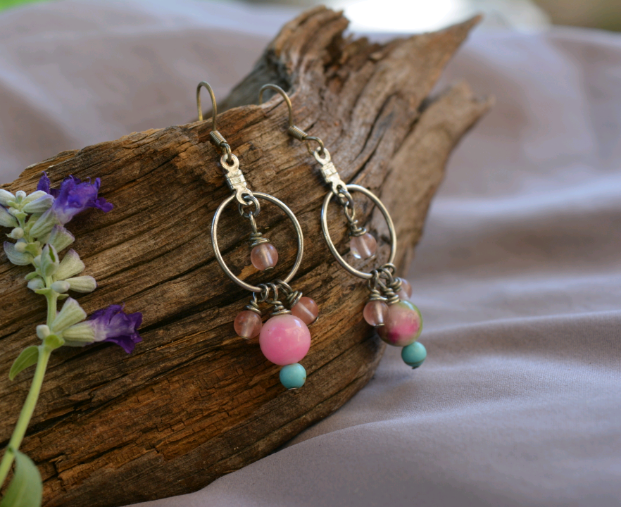 Rose Quartz, Blue-Dyed Howlite, and Persian Jade Earrings