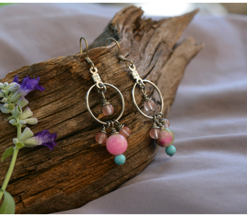 Rose Quartz, Blue-Dyed Howlite, and Persian Jade Earrings