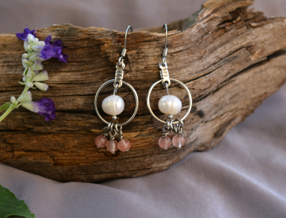 Pearl and Rose Quartz Hoops