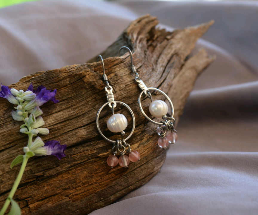 Pearl and Rose Quartz Hoops