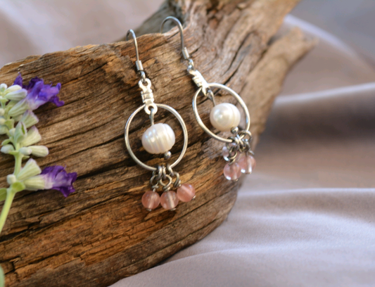 Pearl and Rose Quartz Hoops