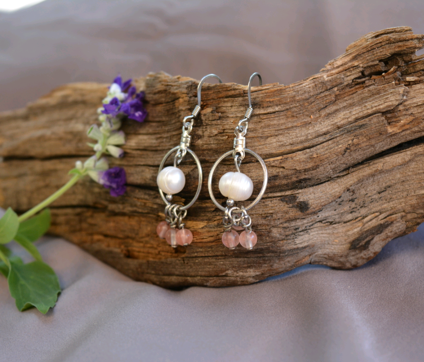 Pearl and Rose Quartz Hoops