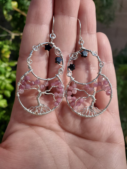 Eos - Pink Tourmaline Sterling Silver Tree of Life Earrings