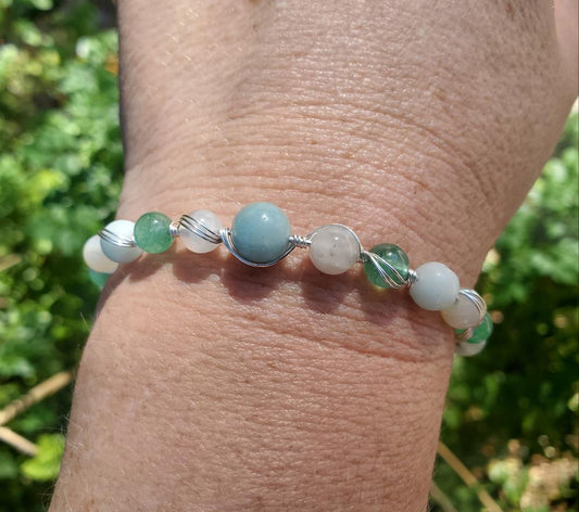 Wire Wrapped Bracelet with Amazonite, Moonstone, and Aventurine