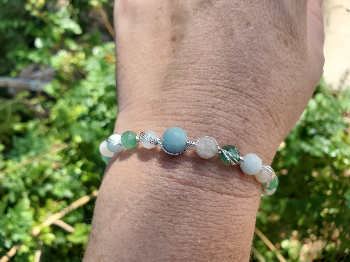 Wire Wrapped Bracelet with Amazonite, Moonstone, and Aventurine