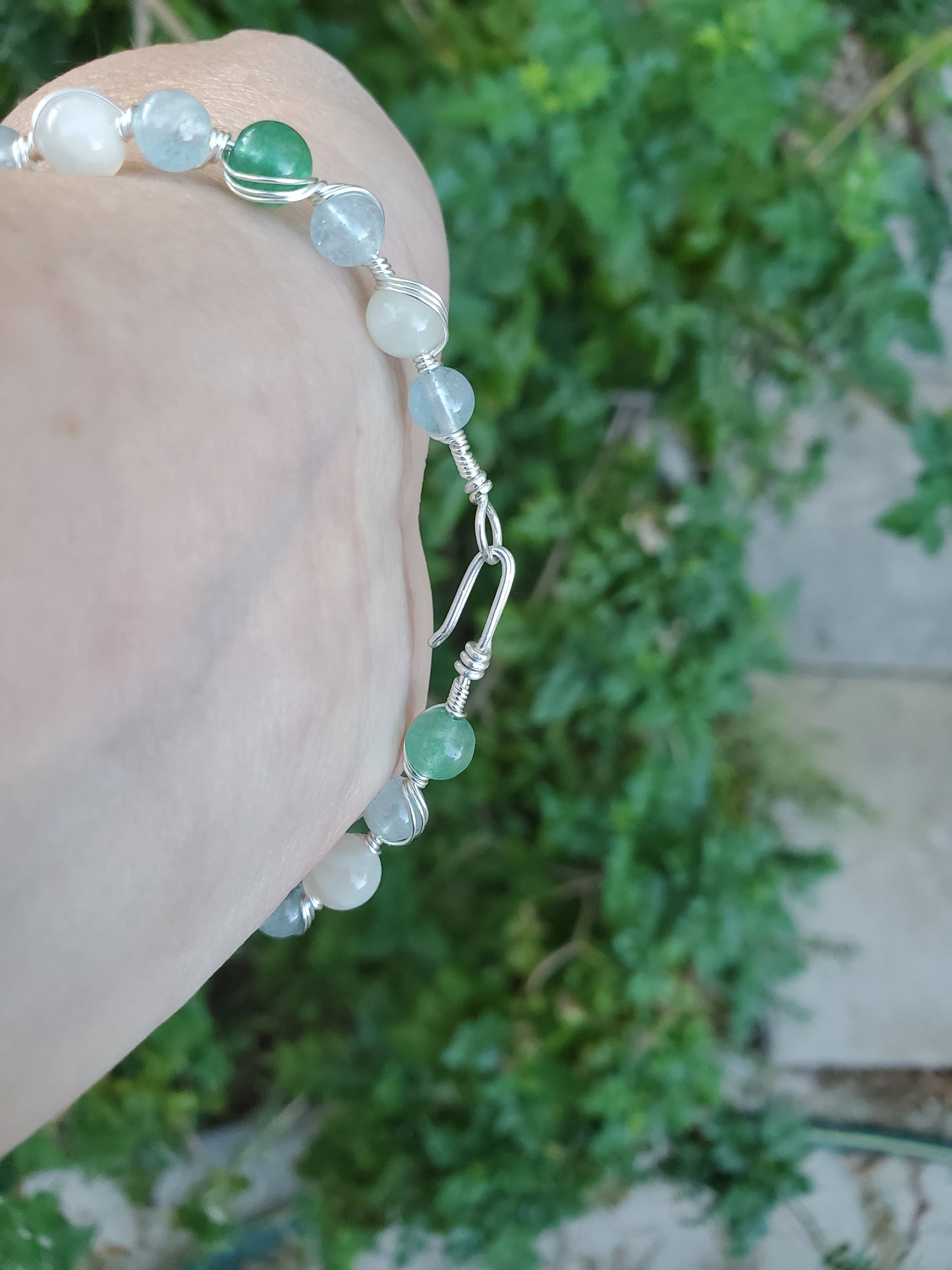 Wire Wrapped Bracelet with Aquamarine, Moonstone, and Aventurine